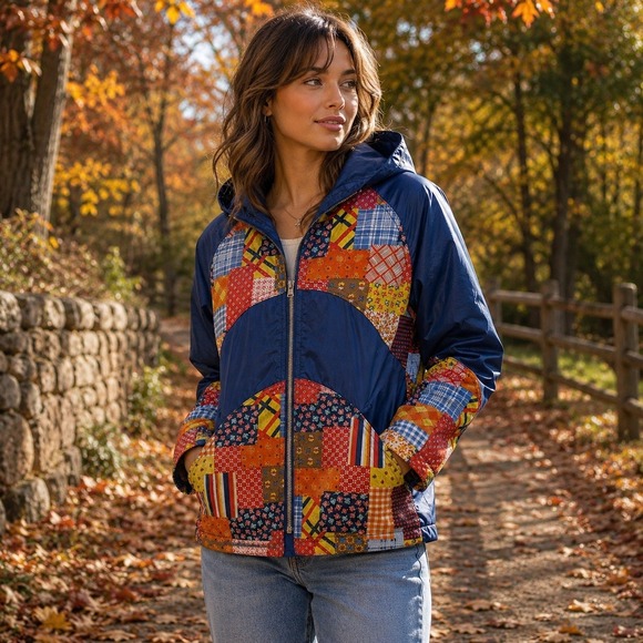 Jackets & Blazers - Vintage c. 1990 Made in Japan Patchwork Hooded Jacket Boho Cotton Nylon S M